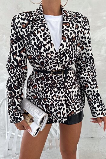 FEMELLE Women's Leopard Pattern Lined Blazer Jacket