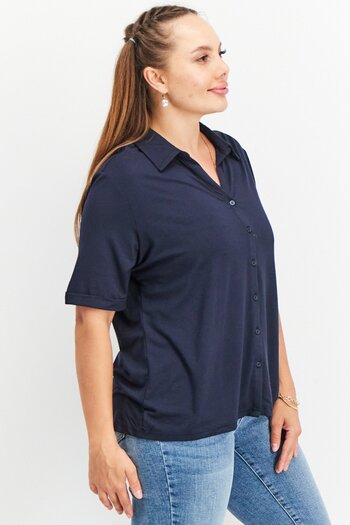 Tchibo Women Spread Collar Short Sleeves Plain Top, Navy