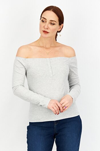 NA-KD Women Off Shoulder Long Sleeve Textured Top, Grey