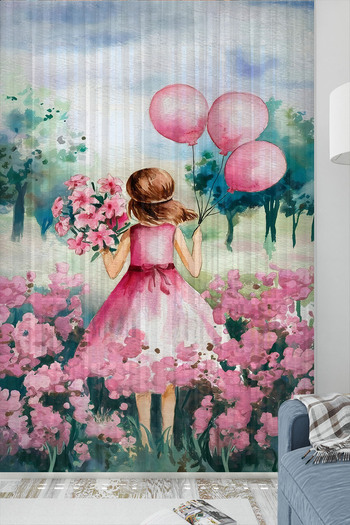 Else Dekor Perdele din tul pentru camera copiilor cu model prințesă fetiță cu baloane roz 140x260cm