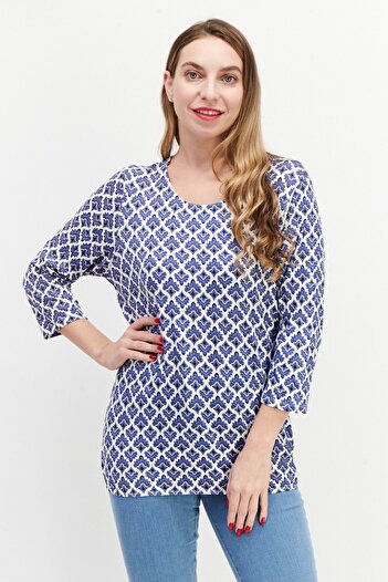 Tchibo Women Round Neck 3/4 Sleeve Allover Print Top, White