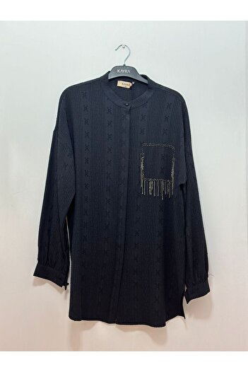 Kayra Black Judge Collar Tunic - Bead Embroidered