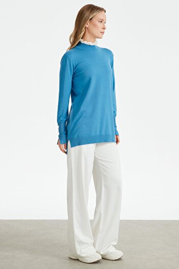 Tığ Triko COLLAR RIFFER DETAILED KNITWEAR TUNIC BLUE