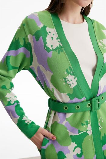 Tığ Triko Çiçek Desenli Rayon Hırka Yeşil