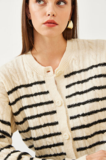 Bianco Lucci Women's Striped Hair Braided Knitwear Cardigan 85001011