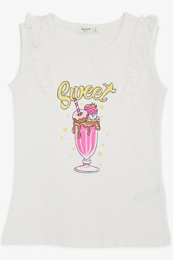 Breeze 4-8 Years Old Girl's T-Shirt - Shoulder Ruffle and Ice Cream Print, Ecru