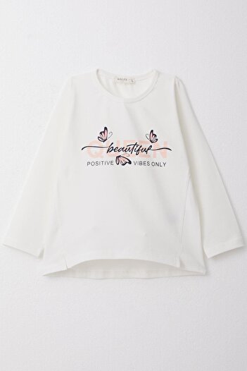 Breeze 3-8 Years Girl's Ecru Long Sleeve Butterfly Patterned T-Shirt
