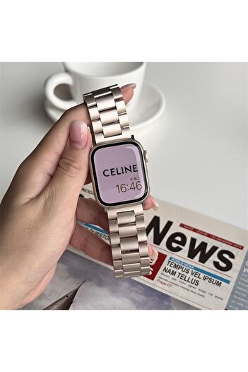 Alstrap Apple Watch Seri 6 7 8 9 10 Se Ultra Uyumlu 44 45 46 49mm Starlight Paslanmaz Çelik Metal Kordon