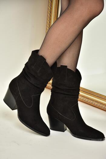 Fox Shoes T296713002 Siyah Süet Kalın Topuklu Kadın Bot