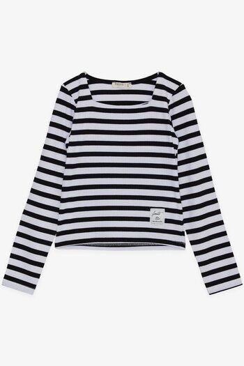 Breeze Girl's Long Sleeve T-Shirt Striped Square Collar 10-16 Years, White