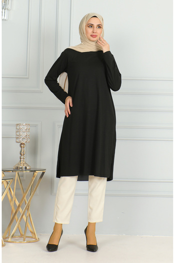 sefamerve Black Long Slit Tunic - 9141-05