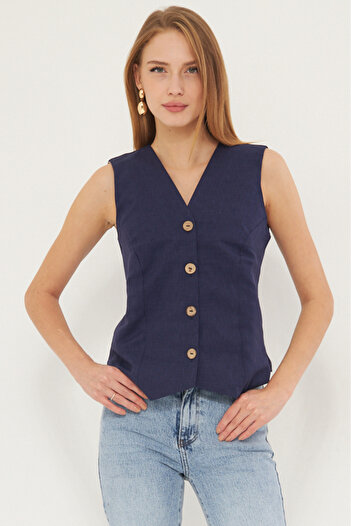 armonika Women's Navy Blue V-Neck Fitted Linen Look Lined Vest Arm-24Y 001111
