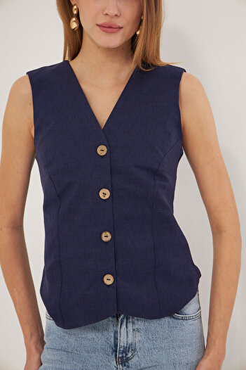 armonika Women's Navy Blue V-Neck Fitted Linen Look Lined Vest Arm-24Y 001111