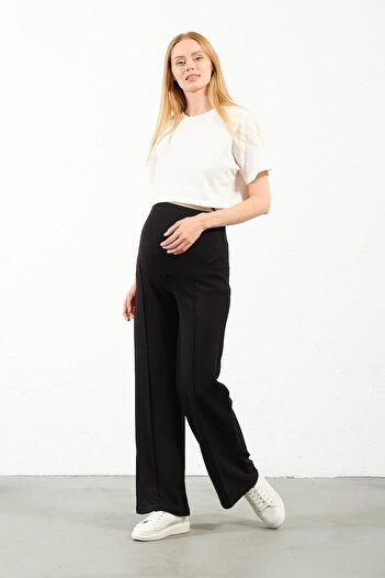 BUSA Black Modal Bottom Tracksuit - Maternity Wide Leg, Stitching Detail and Adjustable Waist
