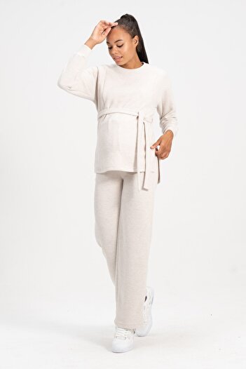BUSA Pregnant Breastfeeding Detailed High Waist Wide Leg Soft Textured Knitwear Set Cream