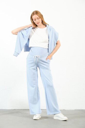 BUSA Light Blue Maternity Tracksuit Set - Flexible, Adjustable Waist, Hooded and 3 Thread