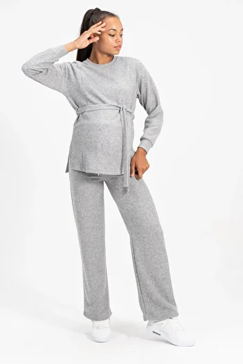 BUSA Gray Soft Knitwear Set with High Waist and Breastfeeding Detail - Wide Leg