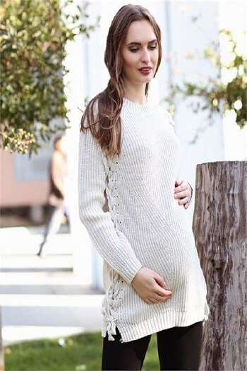 BUSA Pregnant Knit Detailed Knitwear Sweater Beige