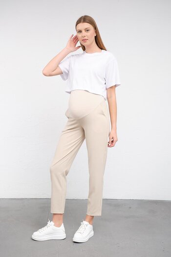 BUSA Pregnant Flexible Abdominal Banded Waist Adjustable Mom Fit Classic Gabardine Trousers Beige