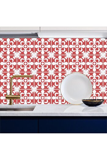 Bigaimaj Red Tile Patterned - 60Cmx100Cm Kitchen Countertop Foil Coating