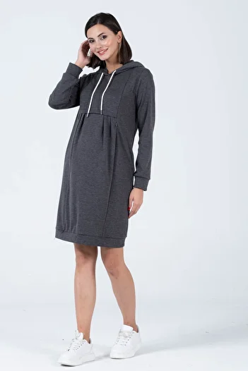 BUSA Maternity Steel Knitted Breastfeeding Detailed Hooded Dress Anthracite