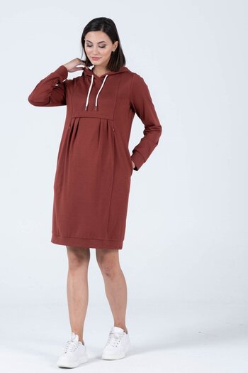 BUSA Maternity Steel Knitted Breastfeeding Detailed Hooded Dress Brown