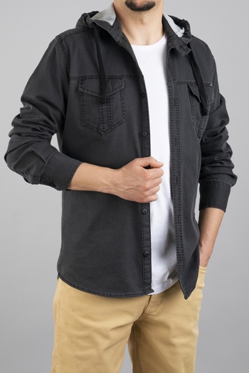 bombe Чоловіча джинсова куртка з капюшоном Gomlek Slim Fit Fume Denim з капюшоном