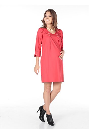 BUSA Pregnant Casual Dress Red with Double Collar Accessories