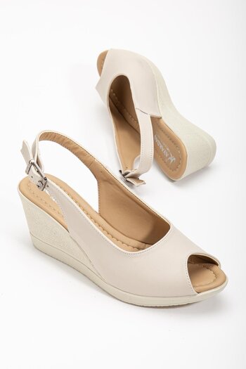 Dilimler Ayakkabı Wedge Sole Toe and Back Open Orthopedic Faux Leather Beige Women's Wedge Heel Shoes