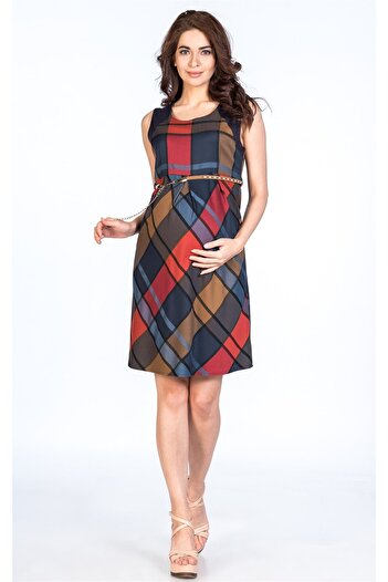 BUSA Pregnant Dress Stone Accessory Belted Plaid Camel