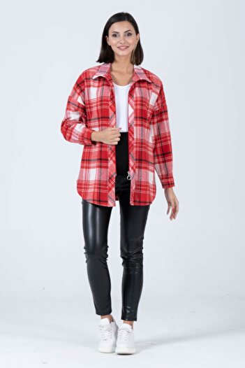 BUSA Maternity Side Pocket Front Zipper Plaid Lumberjack Shirt Red