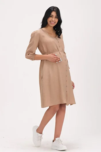 BUSA V-Neck and Side Pocket Maternity Dress - Elastic Sleeve, Mink