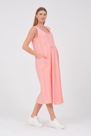 BUSA Maternity Midi Dress - Front Button, Side Pocket, Zero Sleeve Salmon