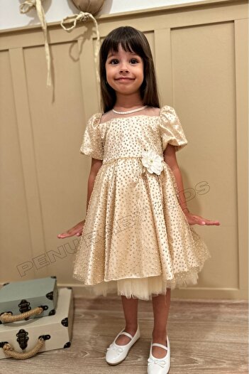 penu baby kids Μπεζ Μικρό Glittery Πουά Κοντομάνικο Κοριτσίστικο Βρεφικό Φόρεμα