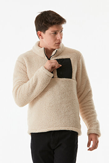 Fulla Moda Dik Yaka Yarım Fermuarlı Peluş Sweatshirt