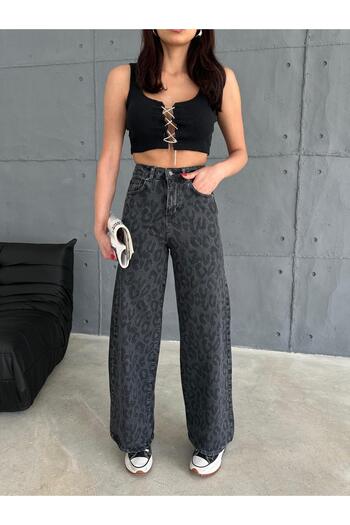 Zeo Basic Zeo Basic Baggy Pants Leopard Patterned Denim Smoked