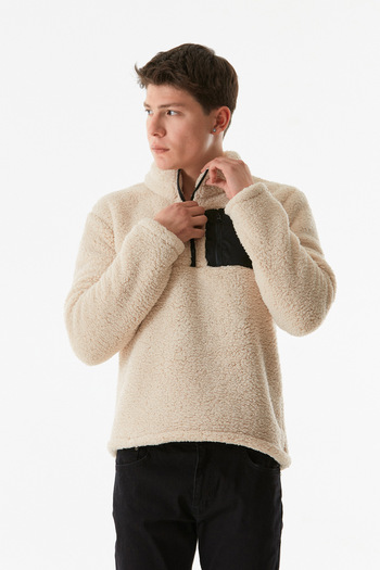 Fulla Moda Dik Yaka Yarım Fermuarlı Peluş Sweatshirt