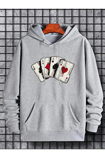 demazstore Men's Unisex Oversized Capped Cotton Sweatshirt - Three Thread, Printed Gray, Card Game-Hoodie