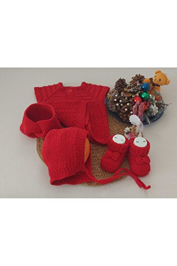 BEGİN Red Newborn Gift Baby Hand Knitted Cotton Vest Lora Hat Booties Hair Band Set of Four