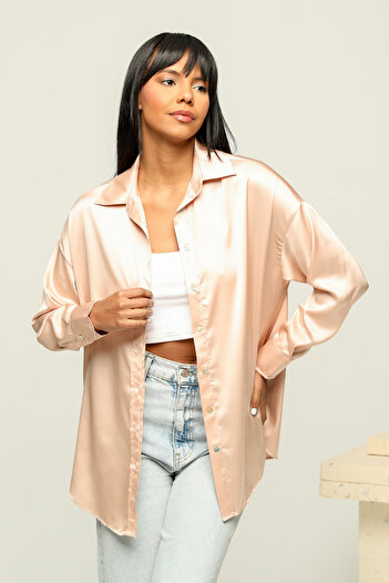 TF The Fancy For You Fancy Kadın Oversize Basic Uzun Kollu Parlak Saten Gömlek