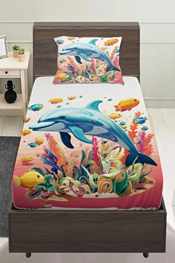 Else Dekor Fishes Dolphin Sea Patterned Girl's Single Pillowed Elastic Sheet Set 100X200Cm