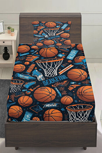 Else Dekor Basketbol Topları Desenli Erkek Çocuk Tek Kişilik Yastıklı Lastikli Çarşaf Takımı 100x200cm