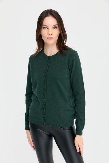 Desen Triko Green Women's Knitwear Wool Cardigan - Crew Neck