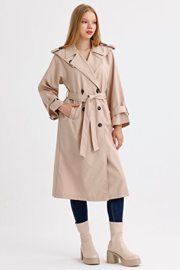 MD trend Women's Belted Collar and Sleeve Detailed Pocket Unlined Seasonal Double Breasted Trench Coat