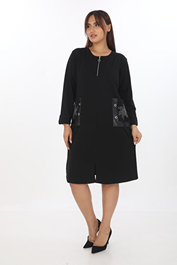 STELLETO Leather Detailed Large Size Two Thread Tunic with Jewelled Pocket
