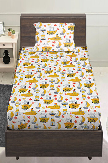 Else Dekor Yellow Undersea Ship Patterned Boy's Single Pillowed Elastic Sheet Set 100X200Cm