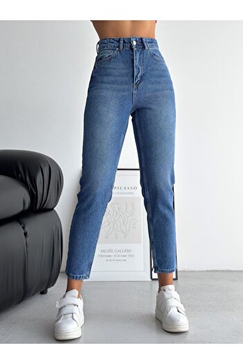 Asia yüksek bel mom jeans karyıkama, mavi, lacivert