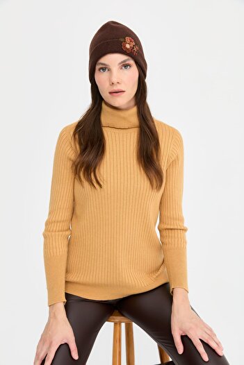 Desen Triko Daisy Flower Patterned Women's Wool Beret - M. Brown