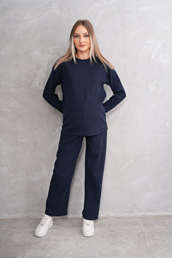 Miss Dünya Lissa Pregnant and Maternity Crew Neck Waffle Fabric Top and Bottom Tracksuit Set