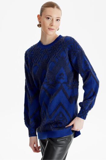 Tığ Triko Saks Blue Patterned Black Knitwear Tunic - Crew Neck